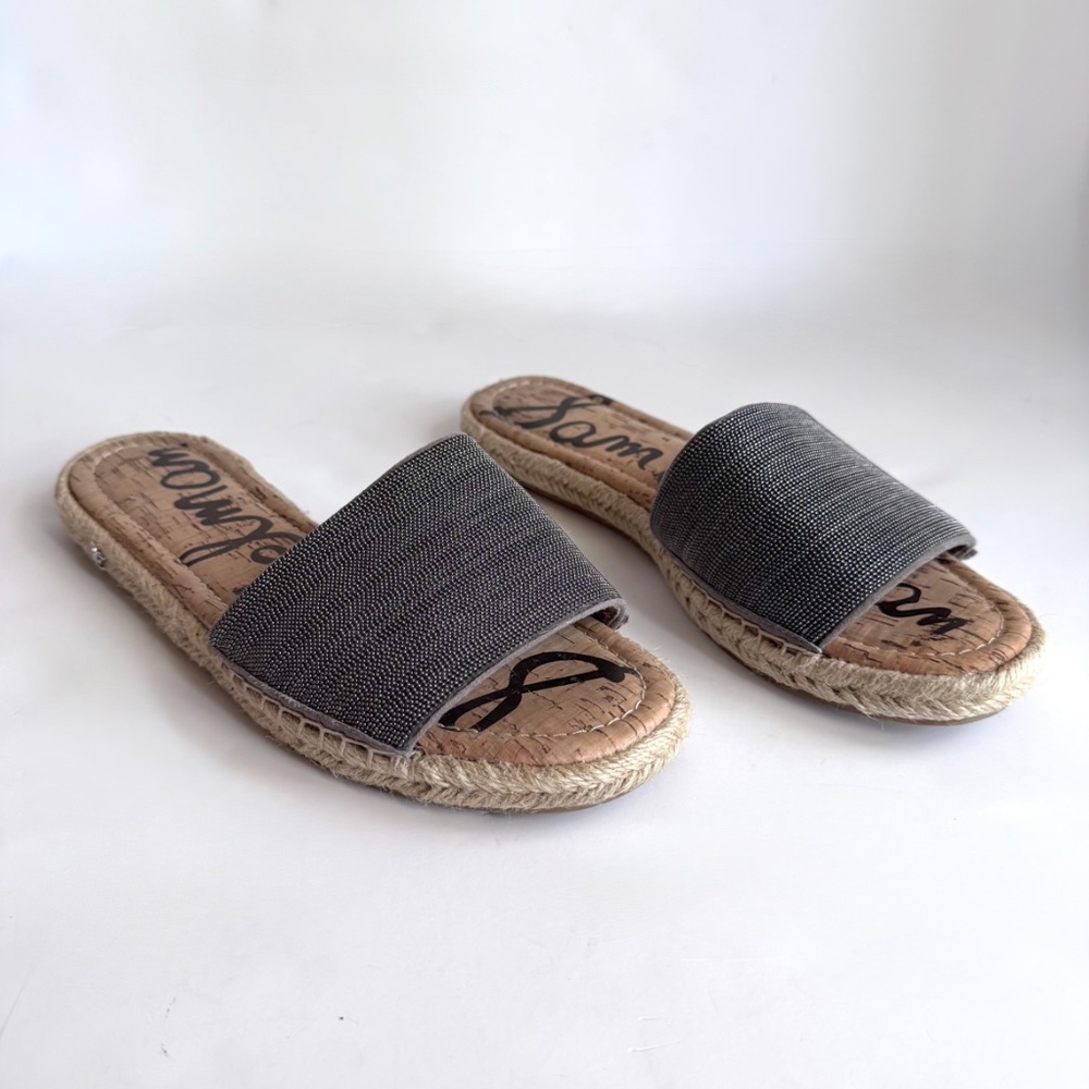 Sam Edelman Aluna Pewter Suede/Metallic Braided Espadrille Slides Size 8.5